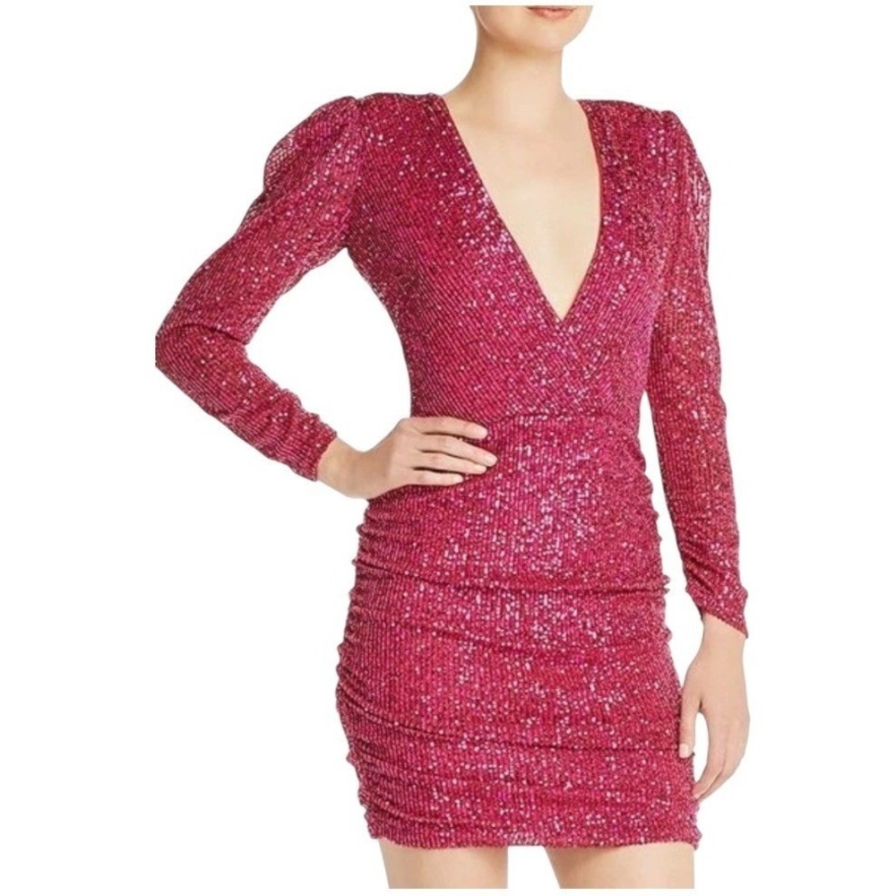 Parker NY Sequin Mini Dress Size 4 Pink Ruched Magenta Bodycon Cocktail Shimmer